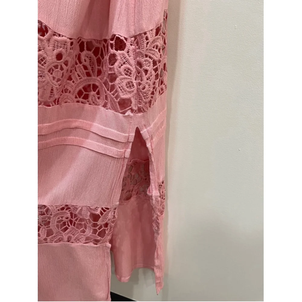 Amiani Tiered Pink Maxi Dress Lace Crochet XL Lightweight Rayon Resort Wear - Picture 4 of 11